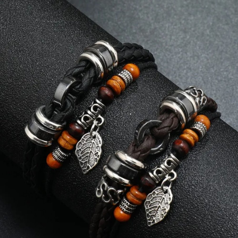 New Retro Leaf Leather Beaded Bracelet
